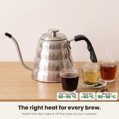 InstaCuppa gooseneck kettle — temperature guide: pour-over coffee 90–96 °C, green tea about 80 °C, black tea 90–98 °C