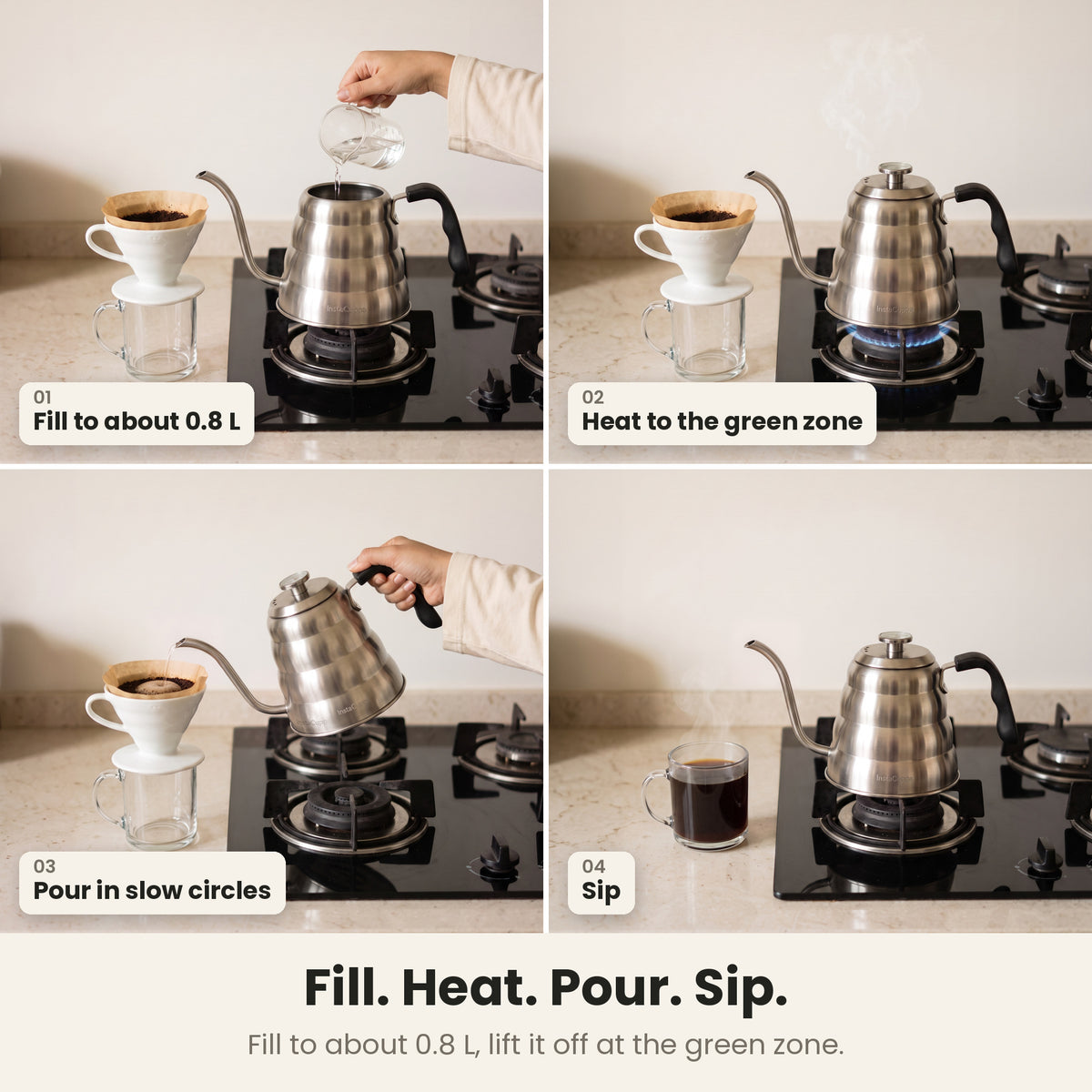 InstaCuppa gooseneck kettle — how to use: fill to about 0.8 L, heat to the green zone, pour in slow circles, sip