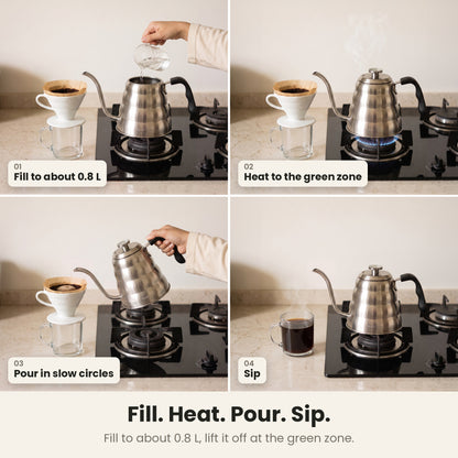 InstaCuppa gooseneck kettle — how to use: fill to about 0.8 L, heat to the green zone, pour in slow circles, sip