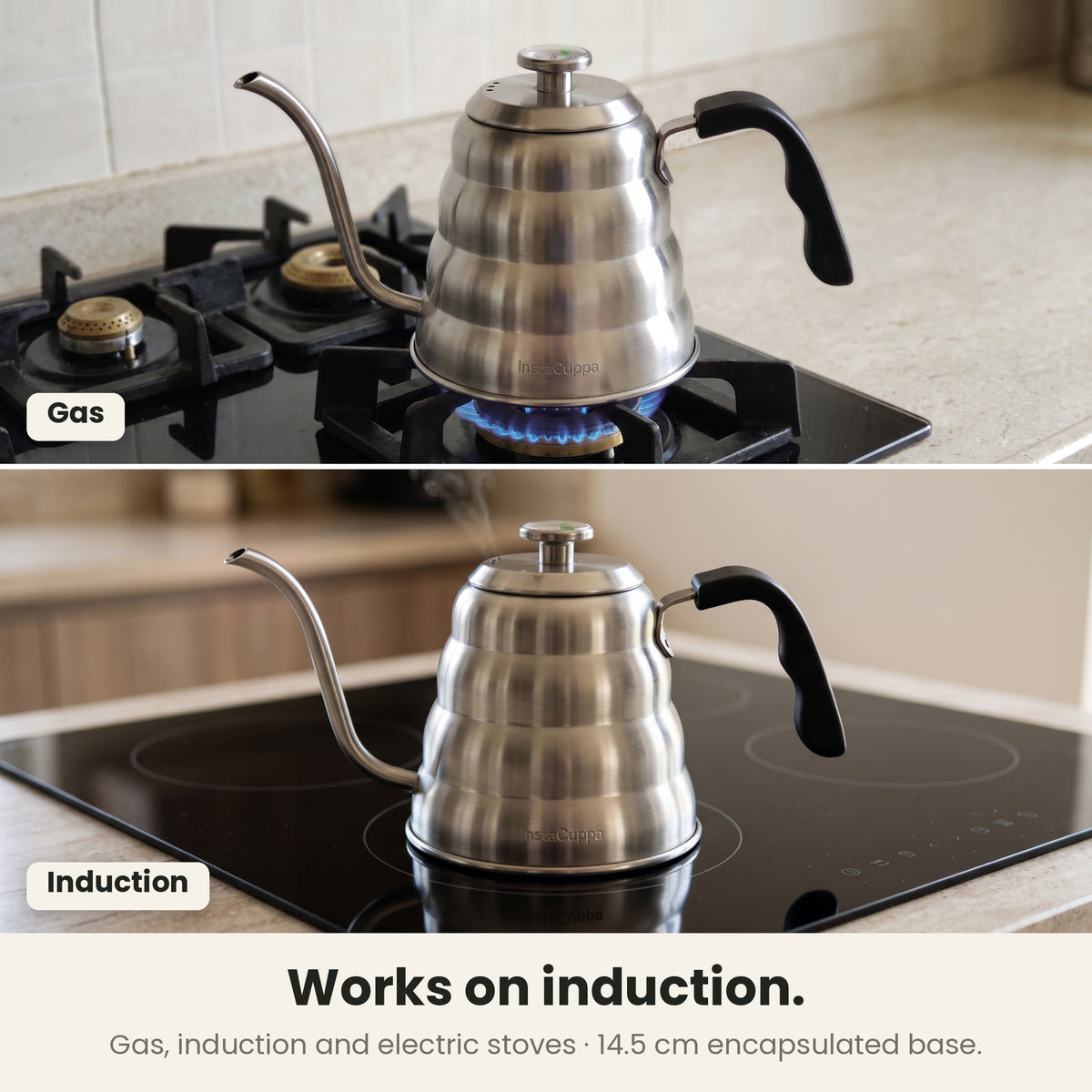 InstaCuppa gooseneck kettle — works on gas, induction and electric stoves with its 14.5 cm encapsulated base