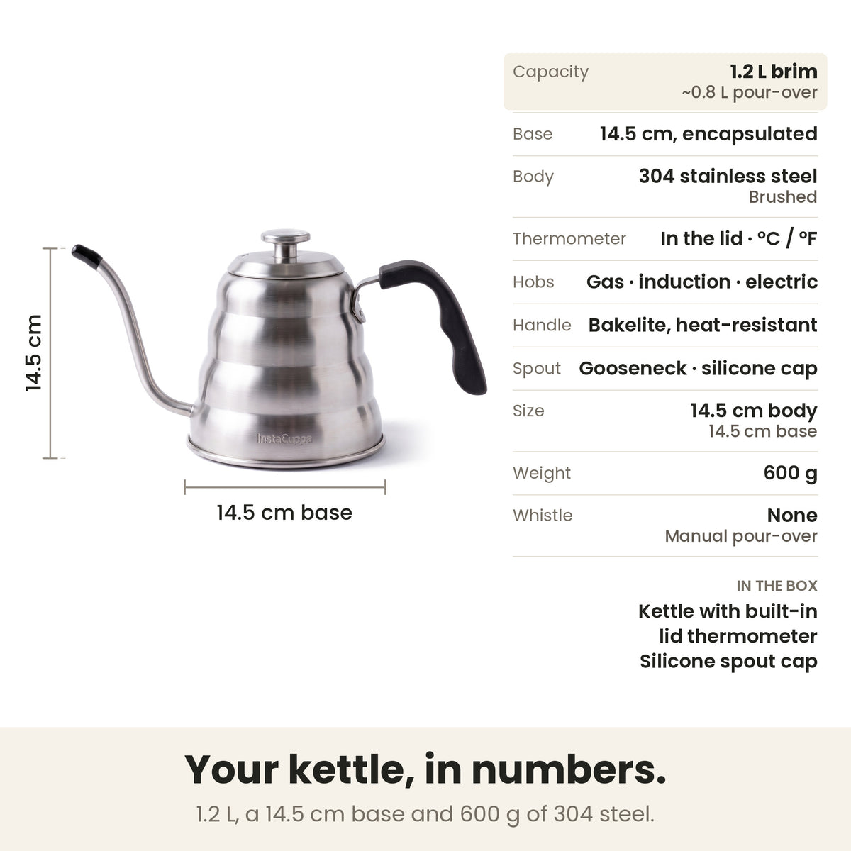 InstaCuppa gooseneck kettle — specs: 1.2 L to the brim, about 0.8 L for pour-over, 14.5 cm base, 600 g, 304 stainless steel