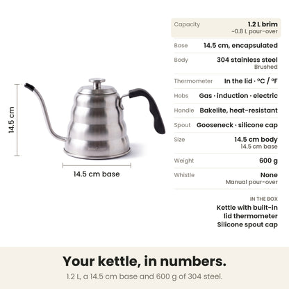 InstaCuppa gooseneck kettle — specs: 1.2 L to the brim, about 0.8 L for pour-over, 14.5 cm base, 600 g, 304 stainless steel