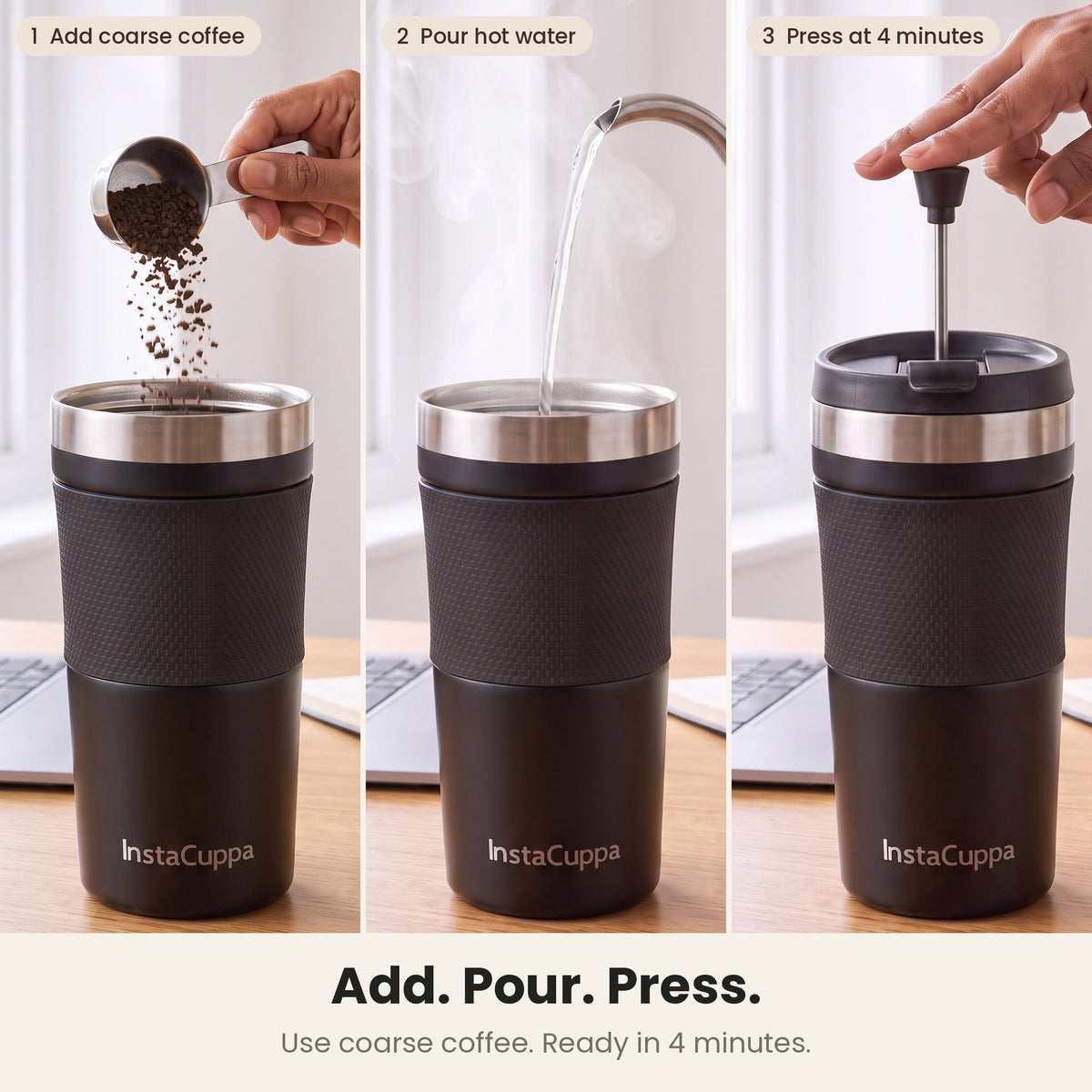 InstaCuppa Travel French Press Mug 400 ml - Black - add, pour, press: add coarse coffee, pour hot water, press at 4 minutes