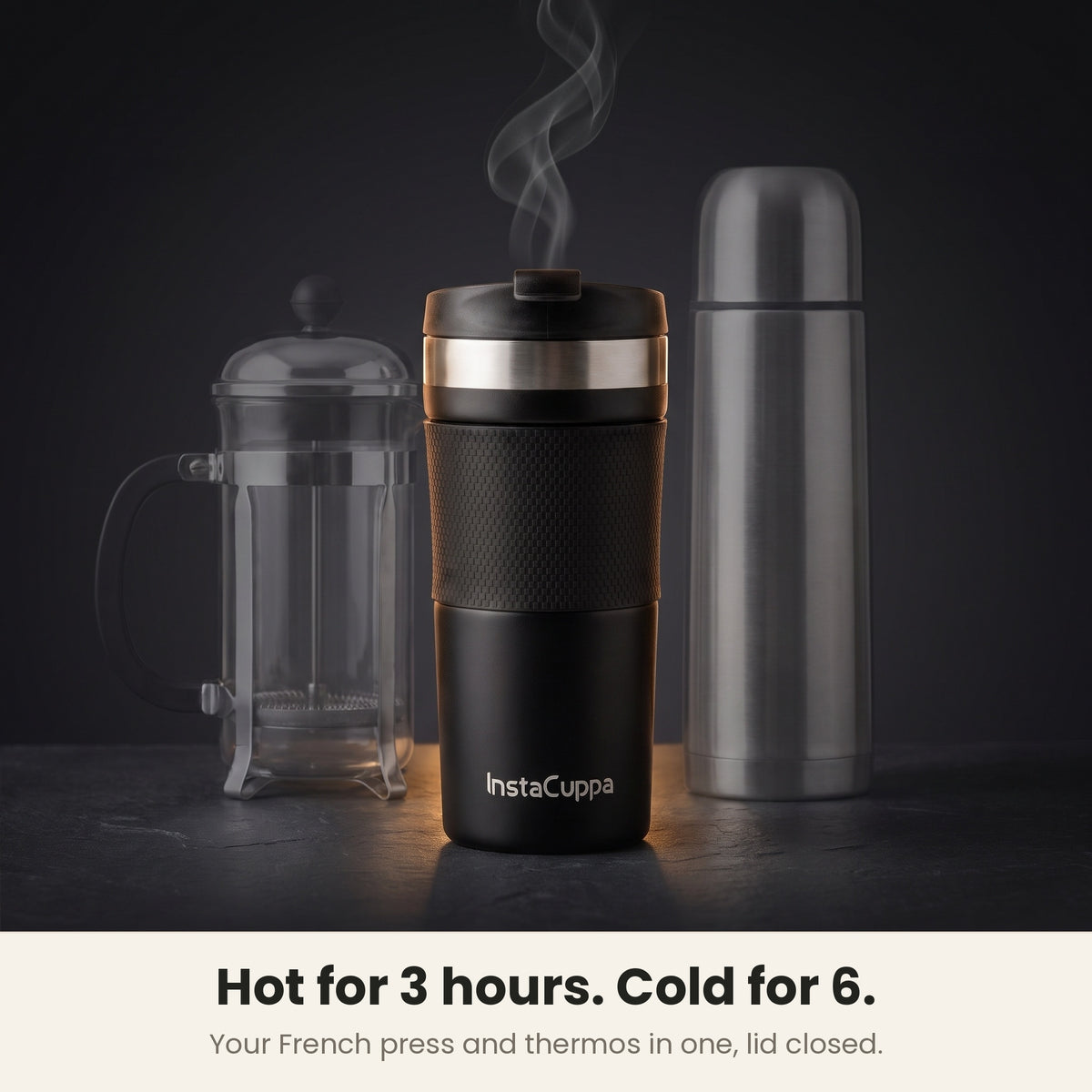 InstaCuppa Travel French Press Mug 400 ml - Black - hot for 3 hours, cold for 6, lid closed: your French press and thermos in one