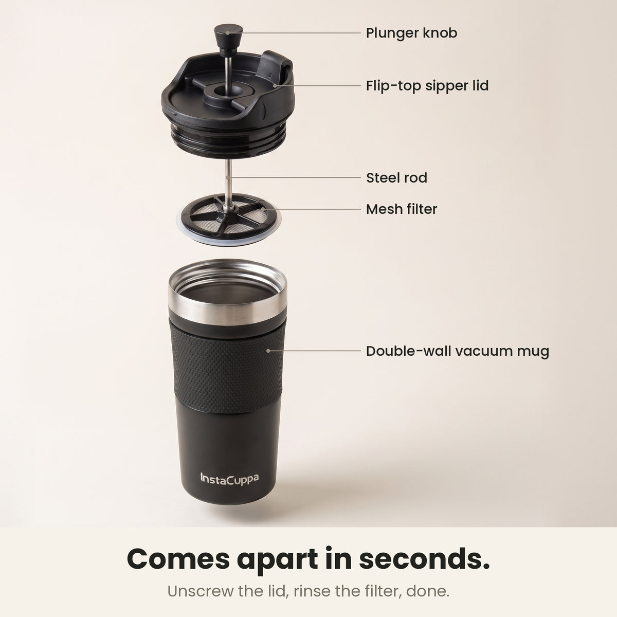 InstaCuppa Travel French Press Mug 400 ml - Black - the parts: plunger knob, flip-top sipper lid, steel rod, mesh filter and double-wall vacuum mug