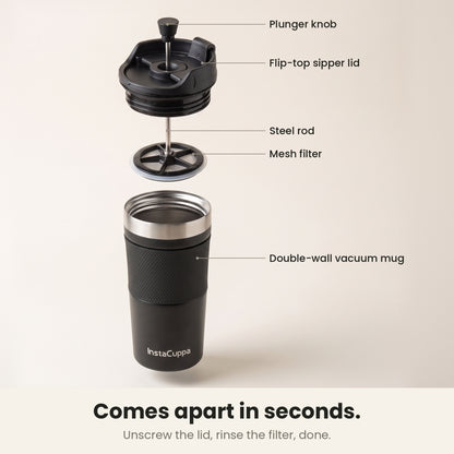 InstaCuppa Travel French Press Mug 400 ml - Black - the parts: plunger knob, flip-top sipper lid, steel rod, mesh filter and double-wall vacuum mug