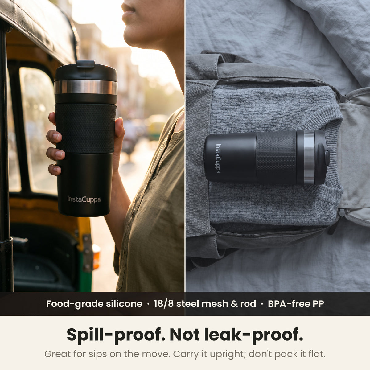 InstaCuppa Travel French Press Mug 400 ml - Black - spill-proof, not leak-proof: sip on the move, carry it upright, don't pack it flat; food-grade silicone, 18/8 steel mesh and rod, BPA-free PP