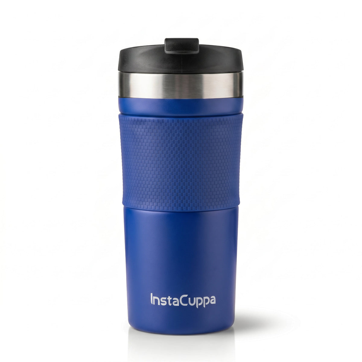 InstaCuppa Travel French Press Mug 400 ml - Navy Blue - travel French press mug in matte navy blue with the spill-proof flip-top lid closed