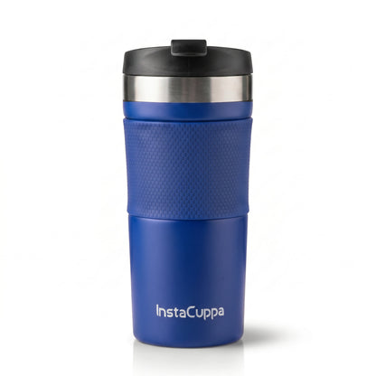 InstaCuppa Travel French Press Mug 400 ml - Navy Blue - travel French press mug in matte navy blue with the spill-proof flip-top lid closed