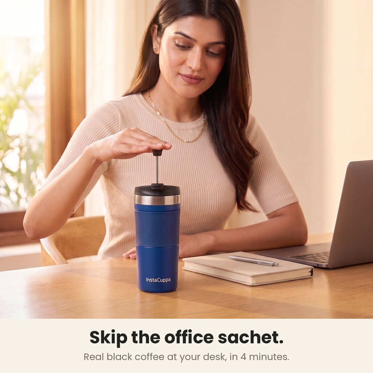 InstaCuppa Travel French Press Mug 400 ml - Navy Blue - skip the office sachet: real black coffee at your desk in 4 minutes