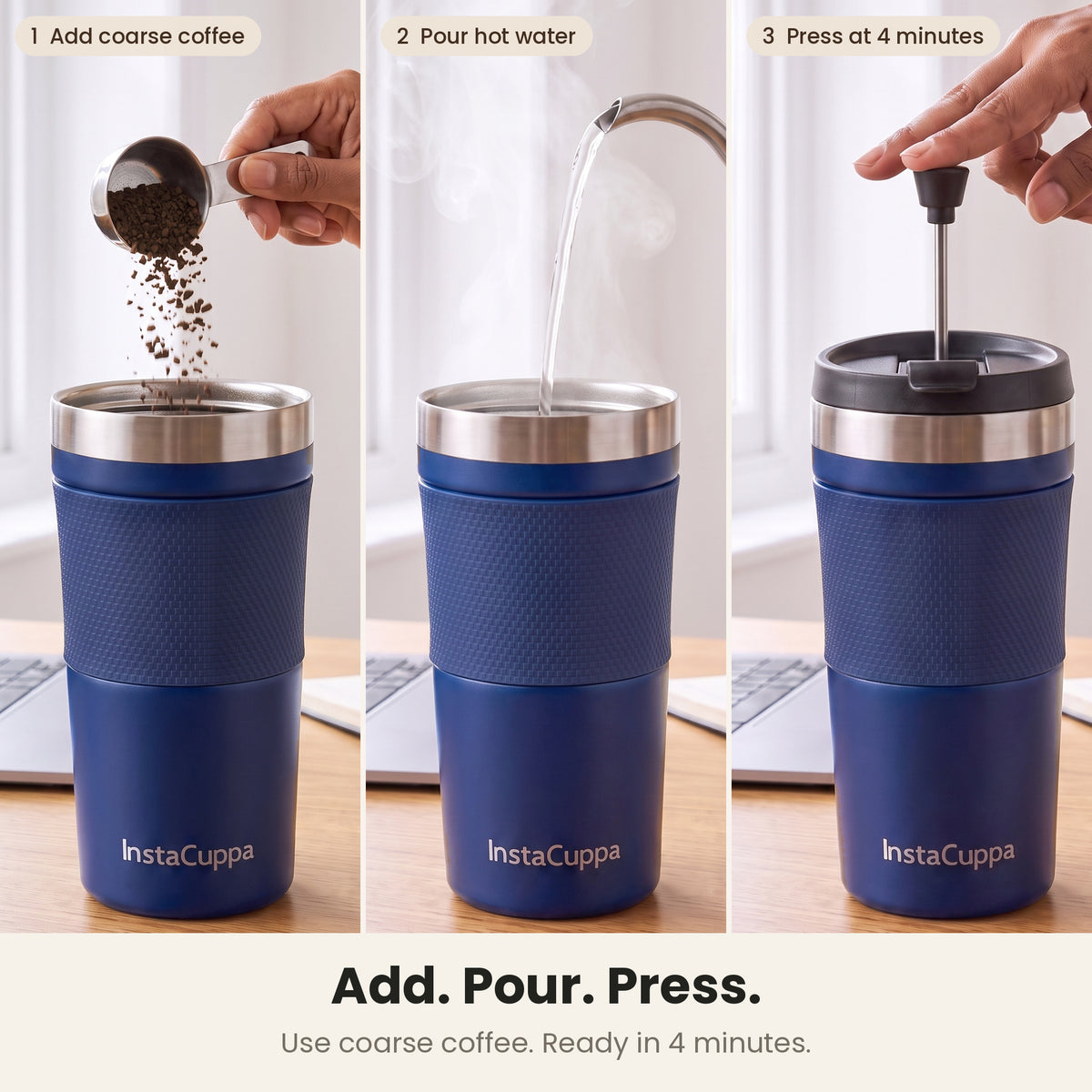 InstaCuppa Travel French Press Mug 400 ml - Navy Blue - add, pour, press: add coarse coffee, pour hot water, press at 4 minutes