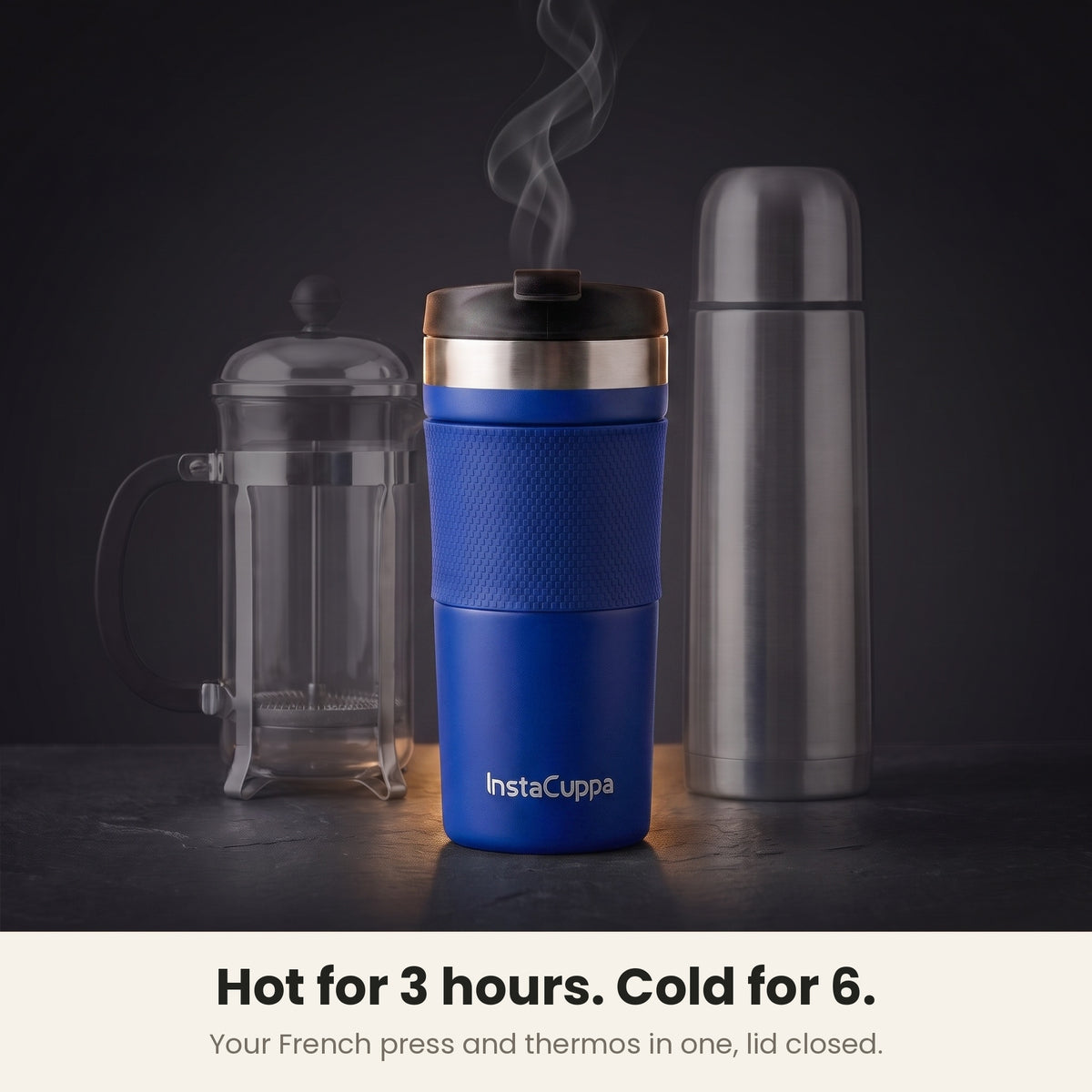 InstaCuppa Travel French Press Mug 400 ml - Navy Blue - hot for 3 hours, cold for 6, lid closed: your French press and thermos in one