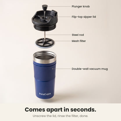 InstaCuppa Travel French Press Mug 400 ml - Navy Blue - the parts: plunger knob, flip-top sipper lid, steel rod, mesh filter and double-wall vacuum mug