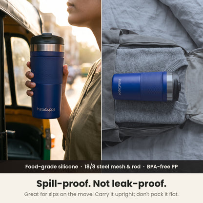 InstaCuppa Travel French Press Mug 400 ml - Navy Blue - spill-proof, not leak-proof: sip on the move, carry it upright, don't pack it flat; food-grade silicone, 18/8 steel mesh and rod, BPA-free PP