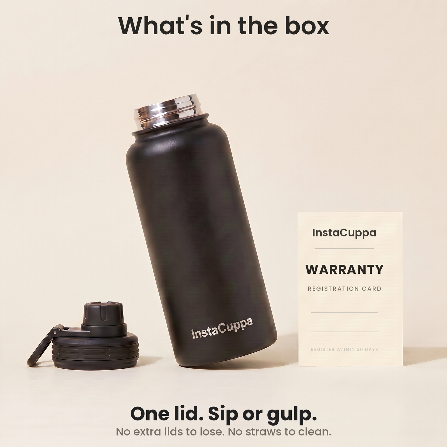 InstaCuppa Insulated Water Bottle 1000 ml - Black - In the Box
