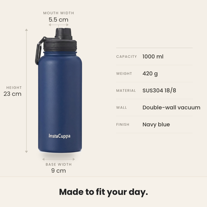 InstaCuppa Insulated Water Bottle 1000 ml - Navy Blue - Specifications