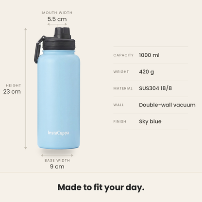 InstaCuppa Insulated Water Bottle 1000 ml - Sky Blue - Specifications