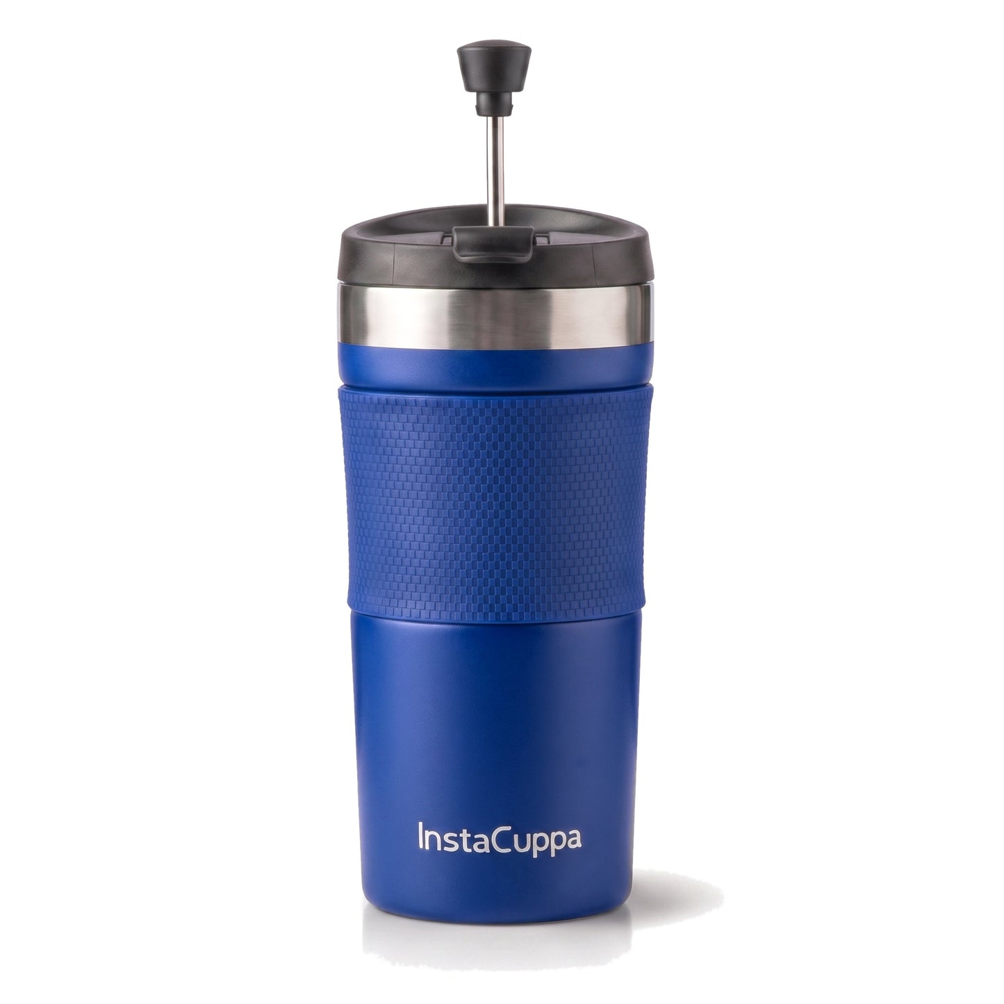 InstaCuppa French Press Travel Mug 400 ml in navy blue stainless steel with spill-proof flip-top lid