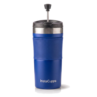 InstaCuppa French Press Travel Mug 400 ml in navy blue stainless steel with spill-proof flip-top lid