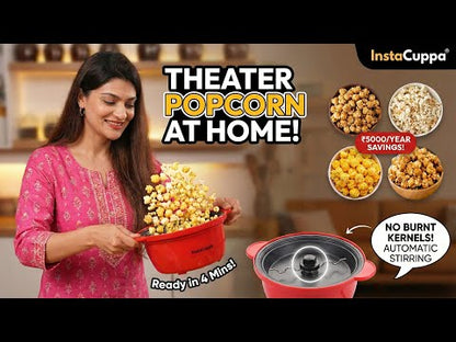 InstaCuppa Automatic Stirring Electric Popcorn Maker 450W | Automatic One-Button Non-Stick Popper | Large Transparent Lid as Serving Bowl | Butter & Seasoning Tray | Cool-Touch Base | Quick Healthy Snack Solution for Moms - InstaPop Stir + Butter Edition