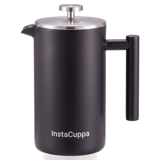 InstaCuppa Stainless Steel French Press 1000 ml - Black - matte black, double-wall 304 steel, 4-part filtration