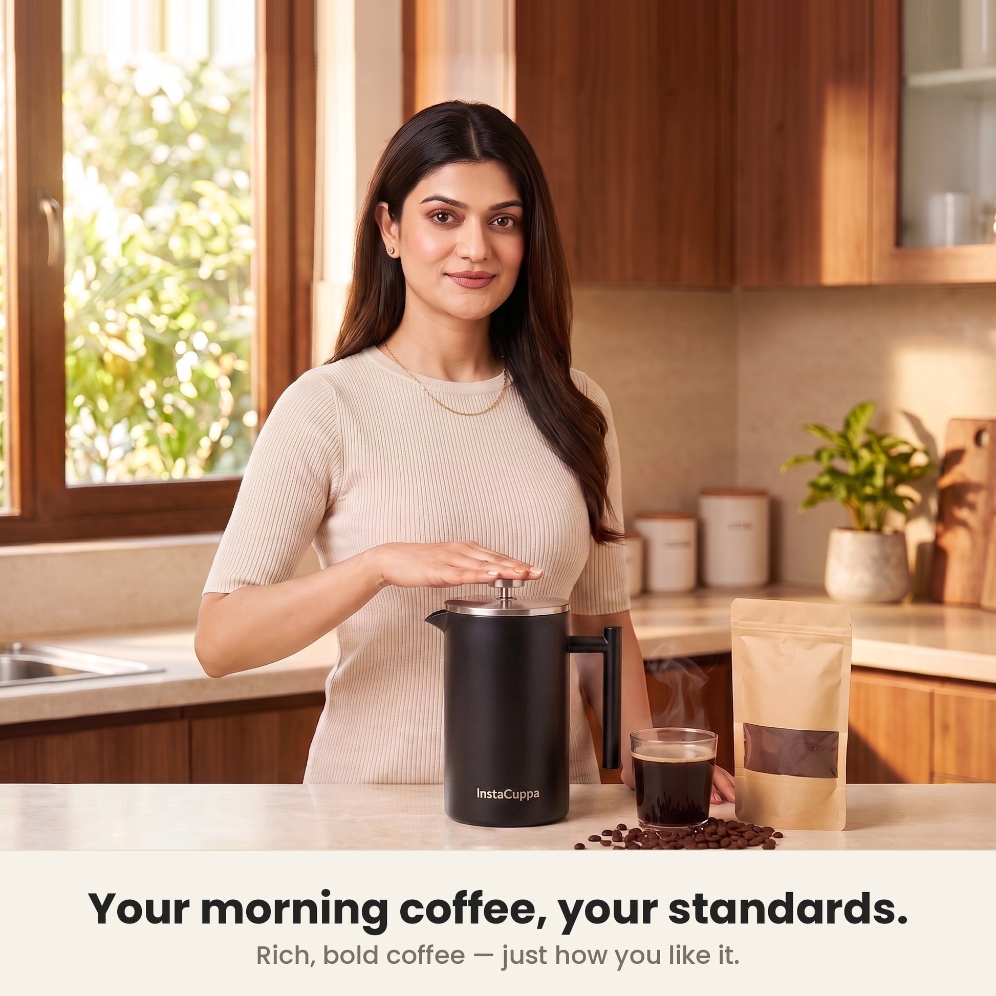 InstaCuppa Stainless Steel French Press 1000 ml - Black - matte black, brewing fresh coffee at home