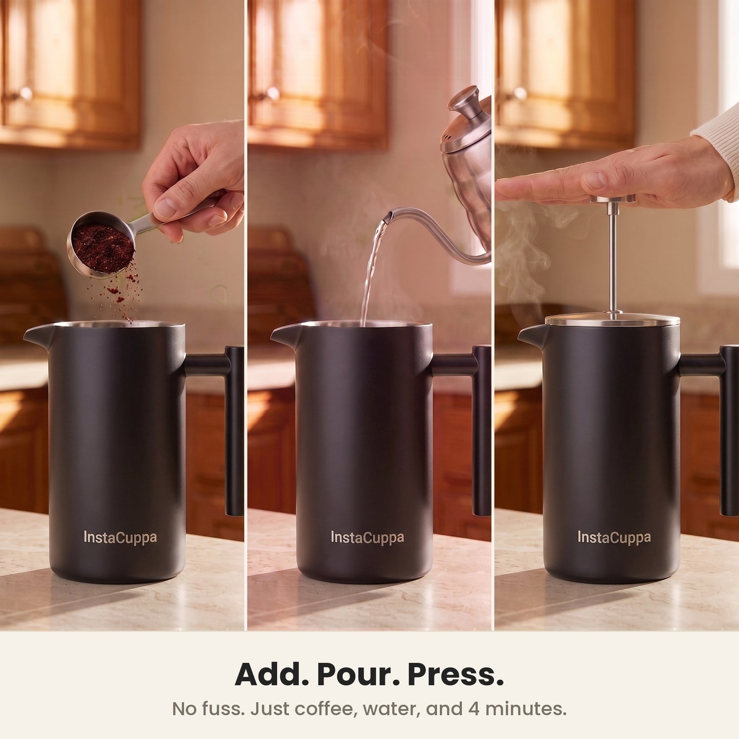 InstaCuppa Stainless Steel French Press 1000 ml - Black - matte black, add coffee, pour water, press