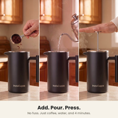 InstaCuppa Stainless Steel French Press 1000 ml - Black - matte black, add coffee, pour water, press