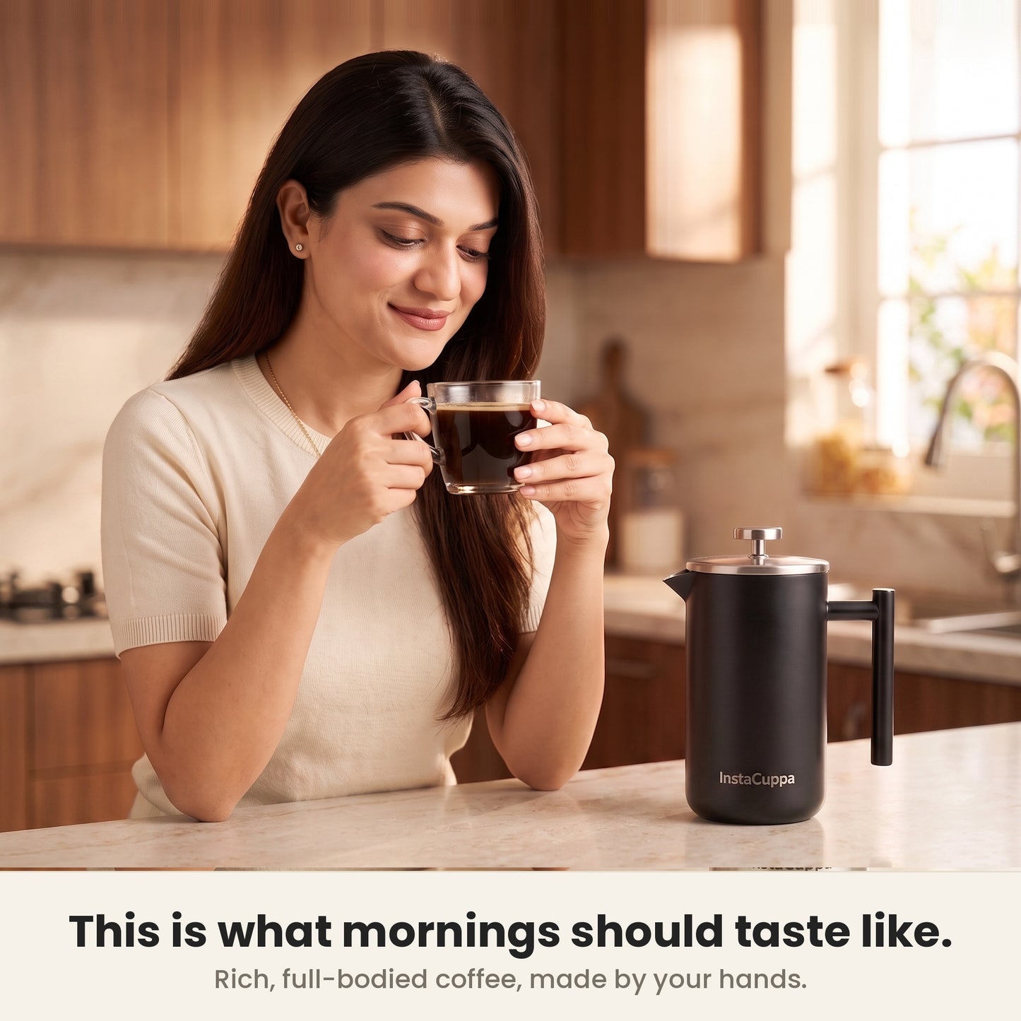 InstaCuppa Stainless Steel French Press 1000 ml - Black - matte black, cafe-quality coffee at home