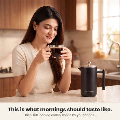 InstaCuppa Stainless Steel French Press 1000 ml - Black - matte black, cafe-quality coffee at home