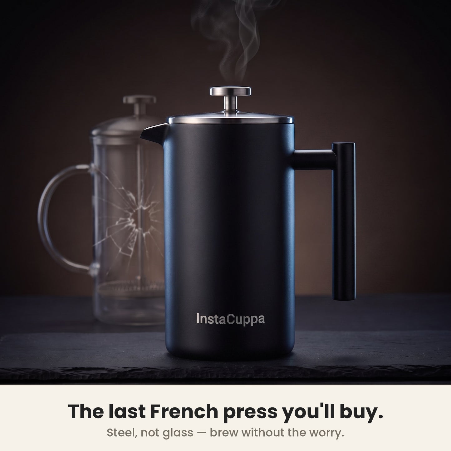 InstaCuppa Stainless Steel French Press 1000 ml - Black - matte black, solid steel, won't shatter like glass