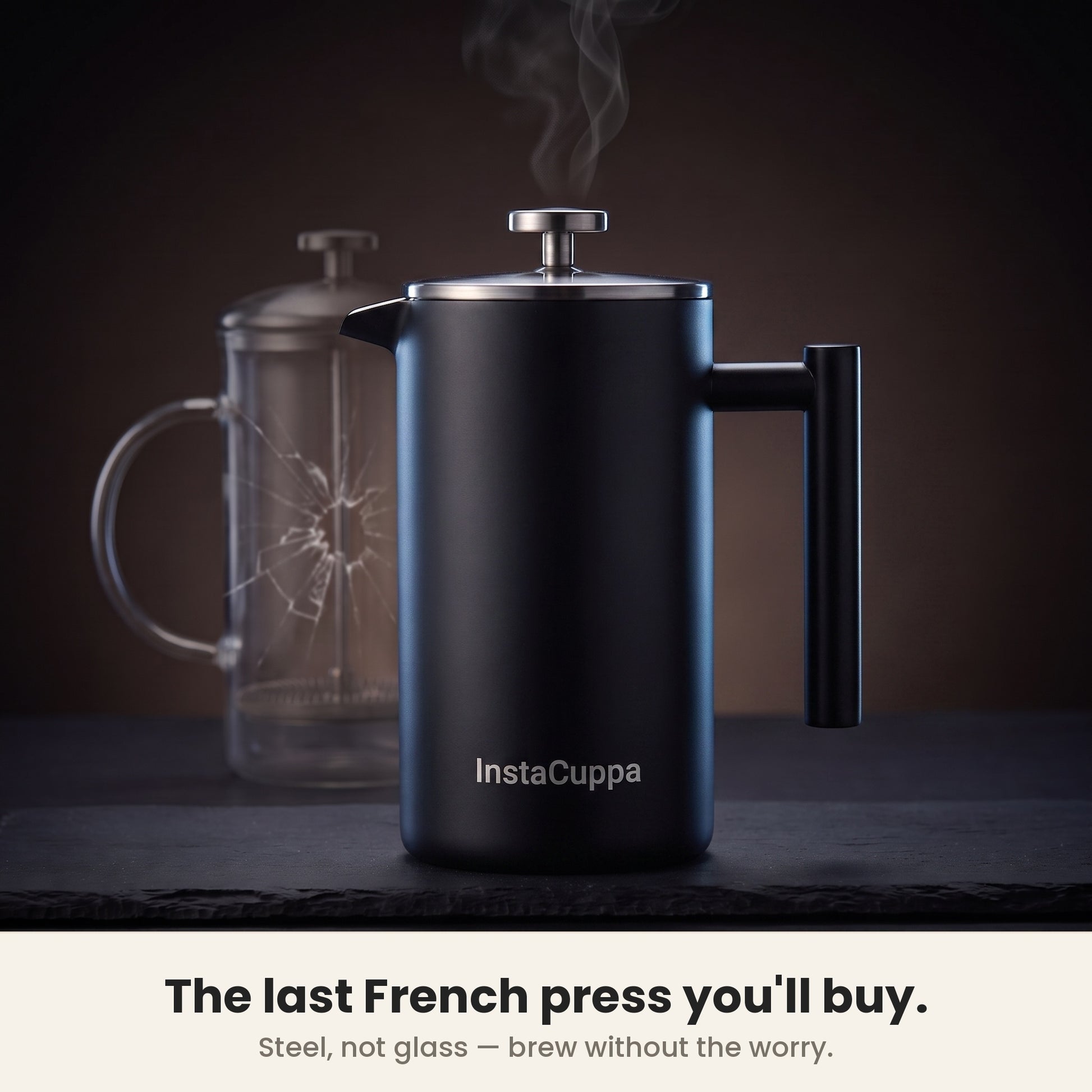 InstaCuppa Stainless Steel French Press 1000 ml - Black - matte black, solid steel, won't shatter like glass