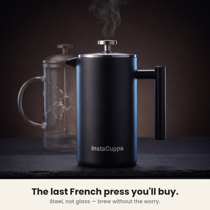 InstaCuppa Stainless Steel French Press 1000 ml - Black - matte black, solid steel, won't shatter like glass