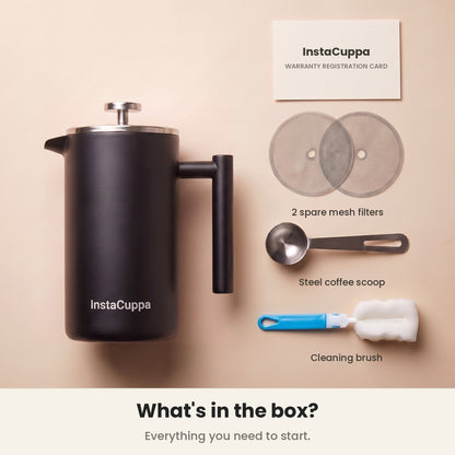 InstaCuppa Stainless Steel French Press 1000 ml - Black - matte black, box: 2 spare filters, scoop, cleaning brush