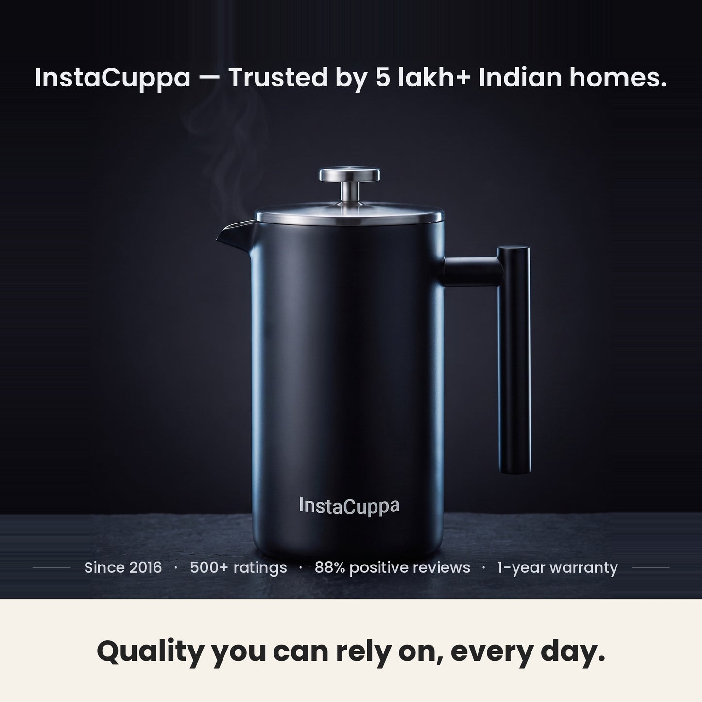 InstaCuppa Stainless Steel French Press 1000 ml - Black - matte black, 500+ ratings, 1-year warranty