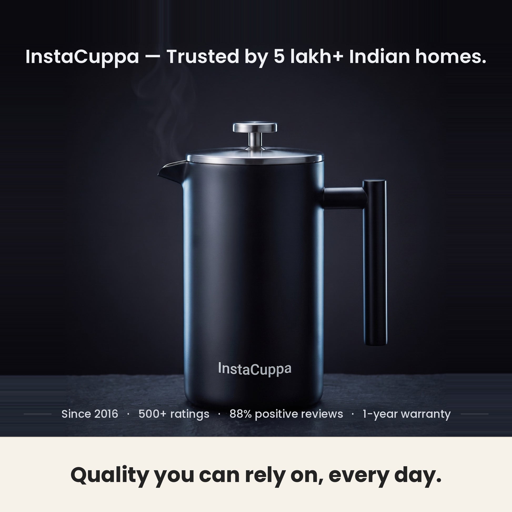InstaCuppa Stainless Steel French Press 1000 ml - Black - matte black, 500+ ratings, 1-year warranty