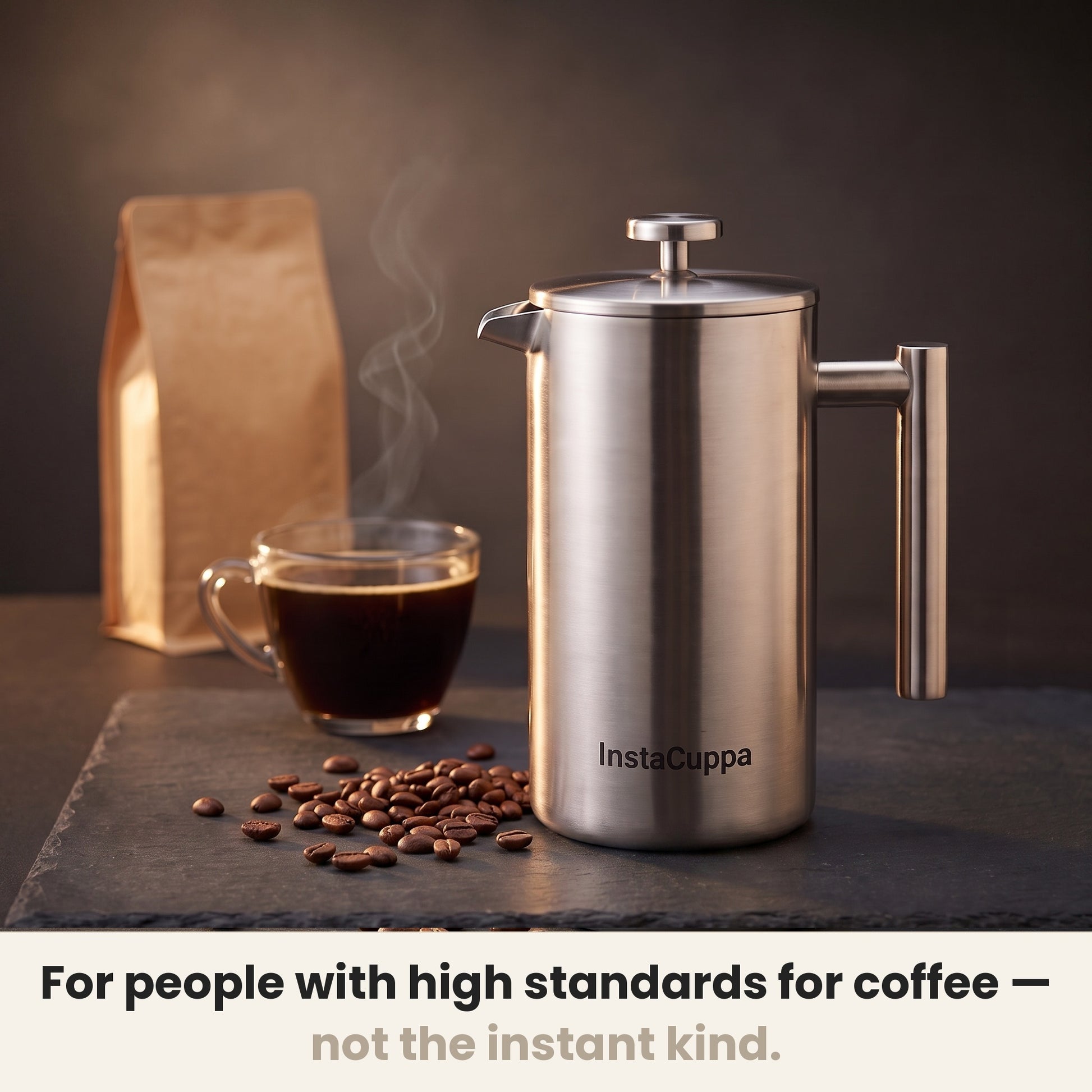 InstaCuppa Stainless Steel French Press 1000 ml - Classic - mirror-polish steel, for people with high coffee standards