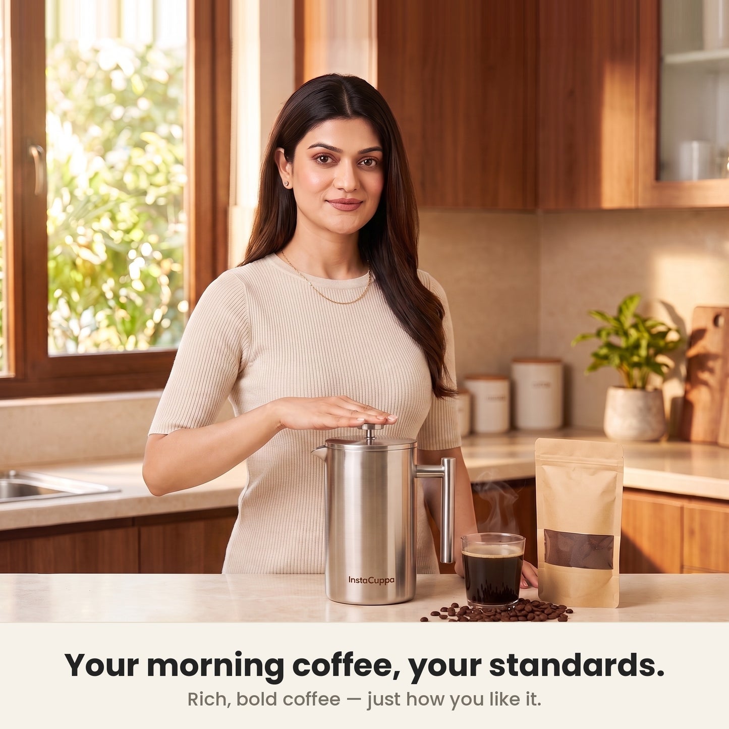 InstaCuppa Stainless Steel French Press 1000 ml - Classic - mirror-polish steel, brewing fresh coffee at home