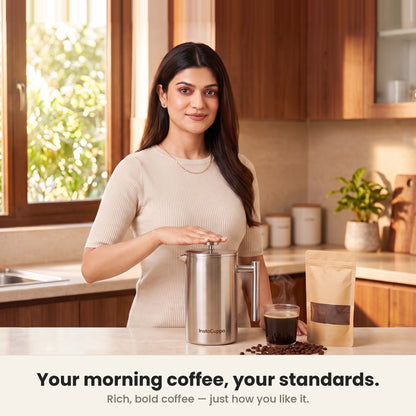 InstaCuppa Stainless Steel French Press 1000 ml - Classic - mirror-polish steel, brewing fresh coffee at home