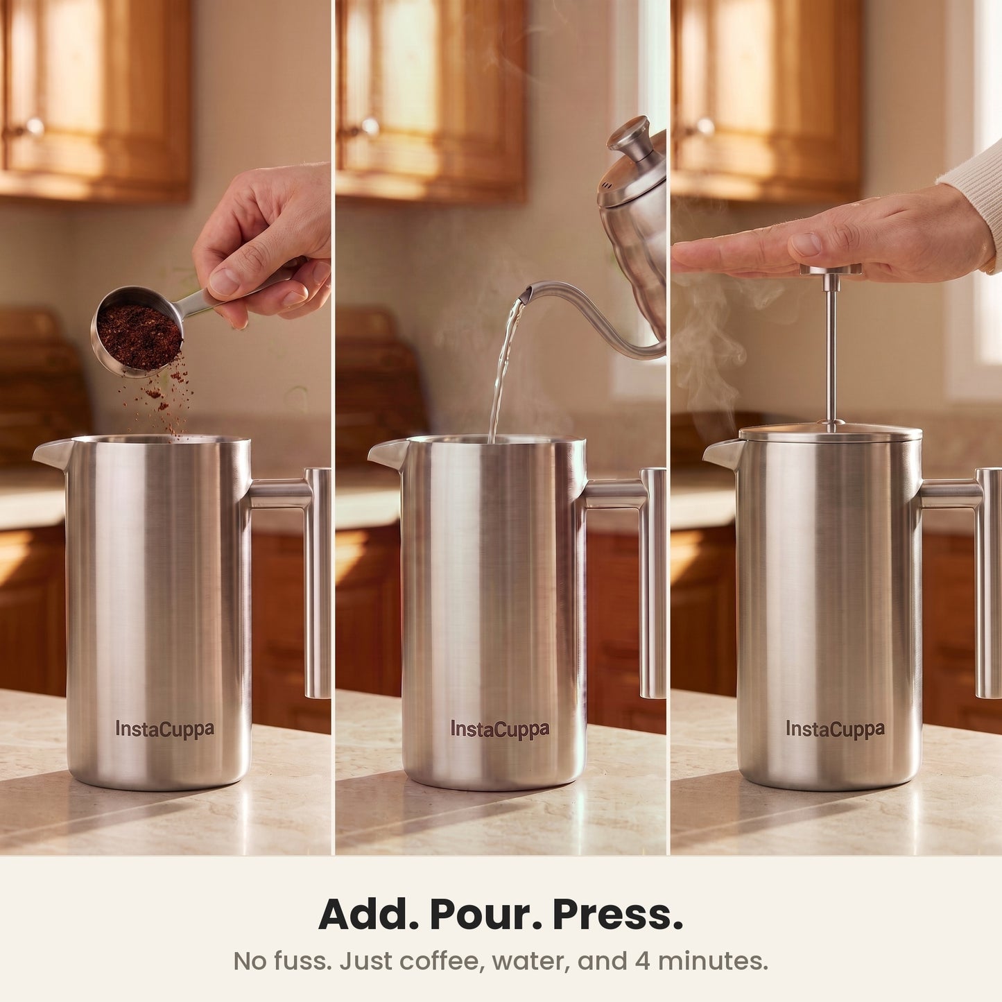 InstaCuppa Stainless Steel French Press 1000 ml - Classic - mirror-polish steel, add coffee, pour water, press