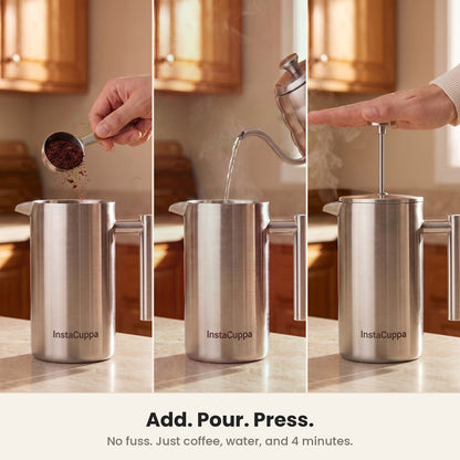 InstaCuppa Stainless Steel French Press 1000 ml - Classic - mirror-polish steel, add coffee, pour water, press