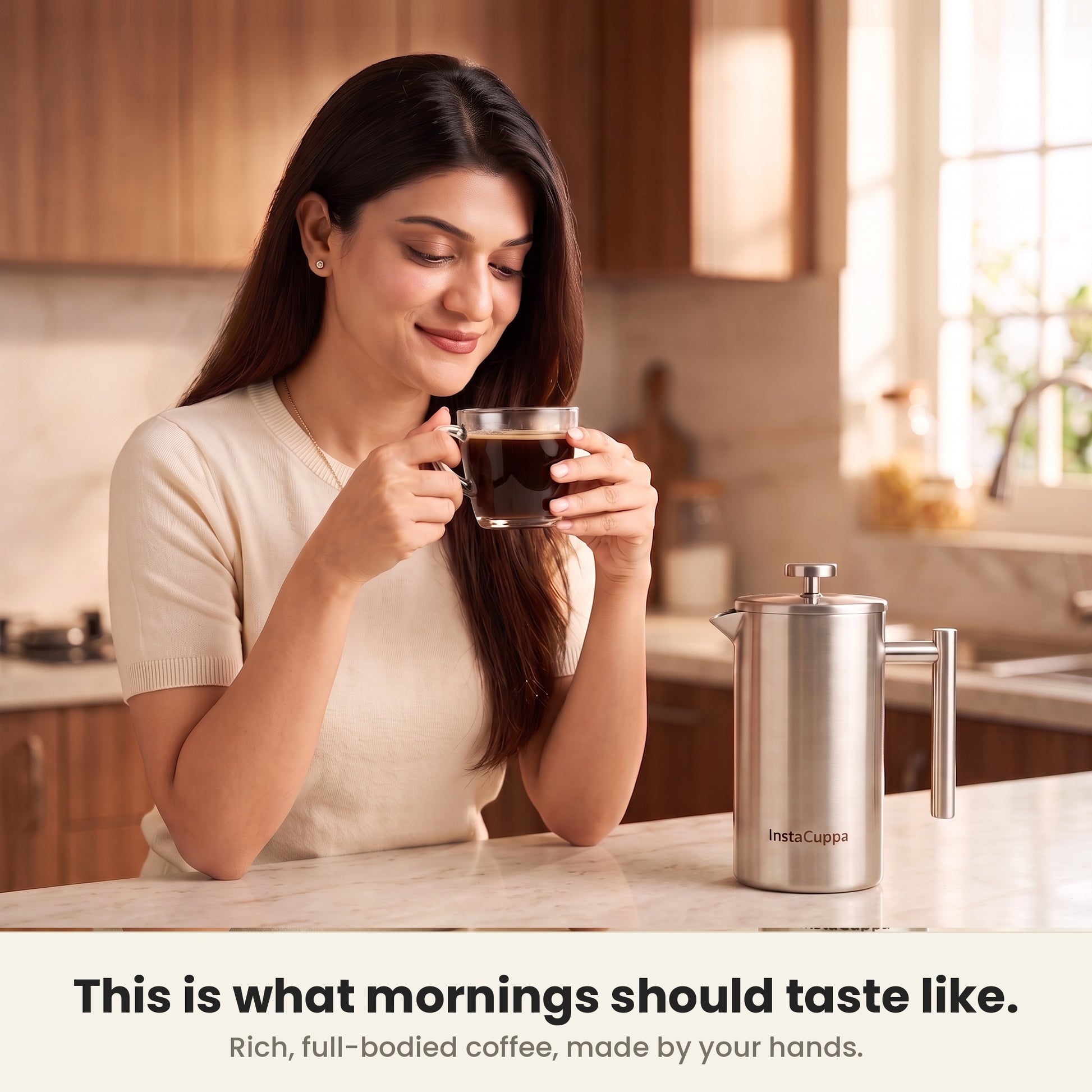 InstaCuppa Stainless Steel French Press 1000 ml - Classic - mirror-polish steel, cafe-quality coffee at home