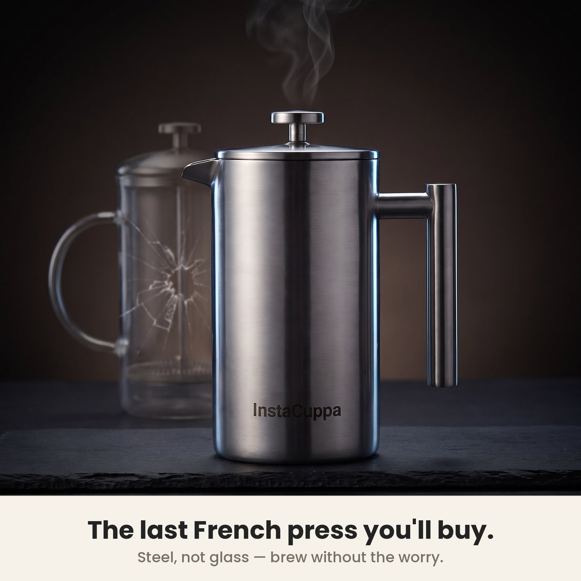 InstaCuppa Stainless Steel French Press 1000 ml - Classic - mirror-polish steel, solid steel, won't shatter like glass