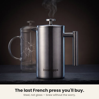 InstaCuppa Stainless Steel French Press 1000 ml - Classic - mirror-polish steel, solid steel, won't shatter like glass