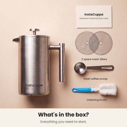 InstaCuppa Stainless Steel French Press 1000 ml - Classic - mirror-polish steel, box: 2 spare filters, scoop, cleaning brush