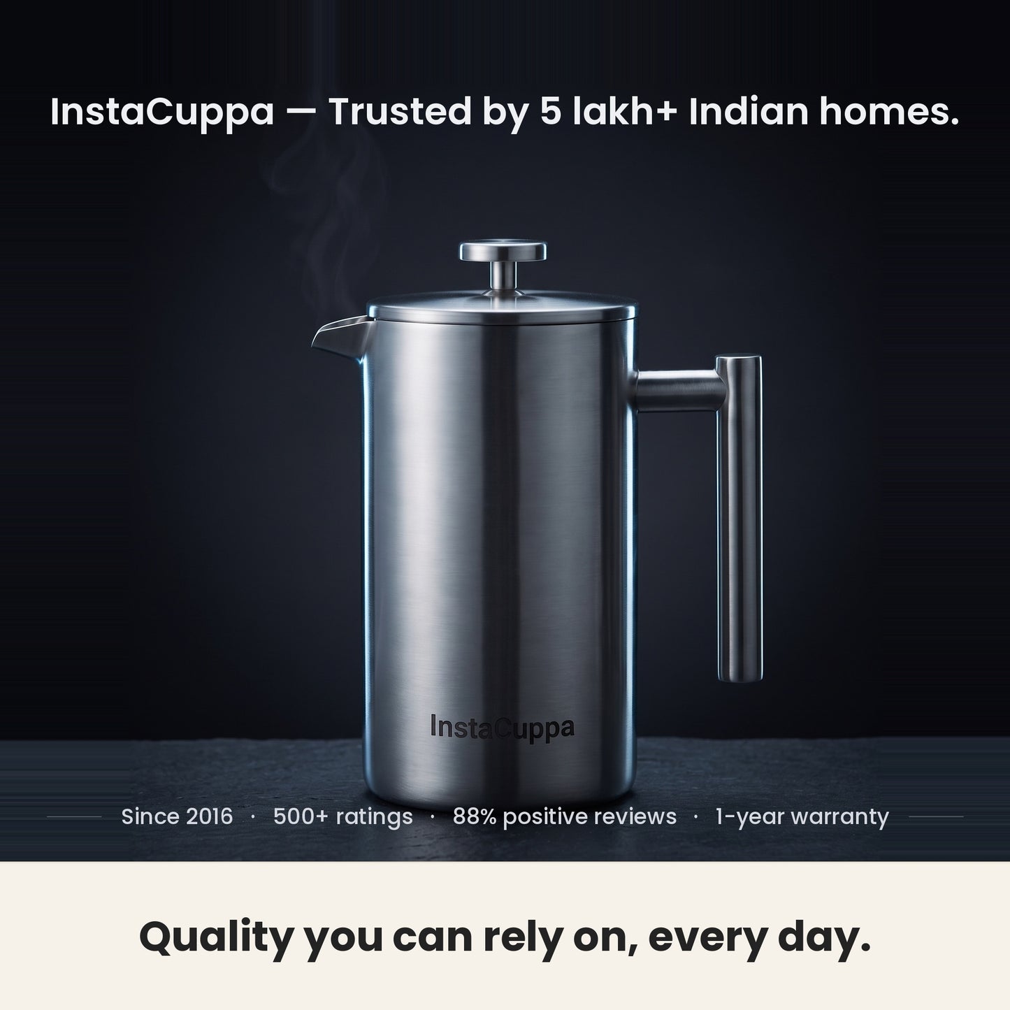 InstaCuppa Stainless Steel French Press 1000 ml - Classic - mirror-polish steel, 500+ ratings, 1-year warranty