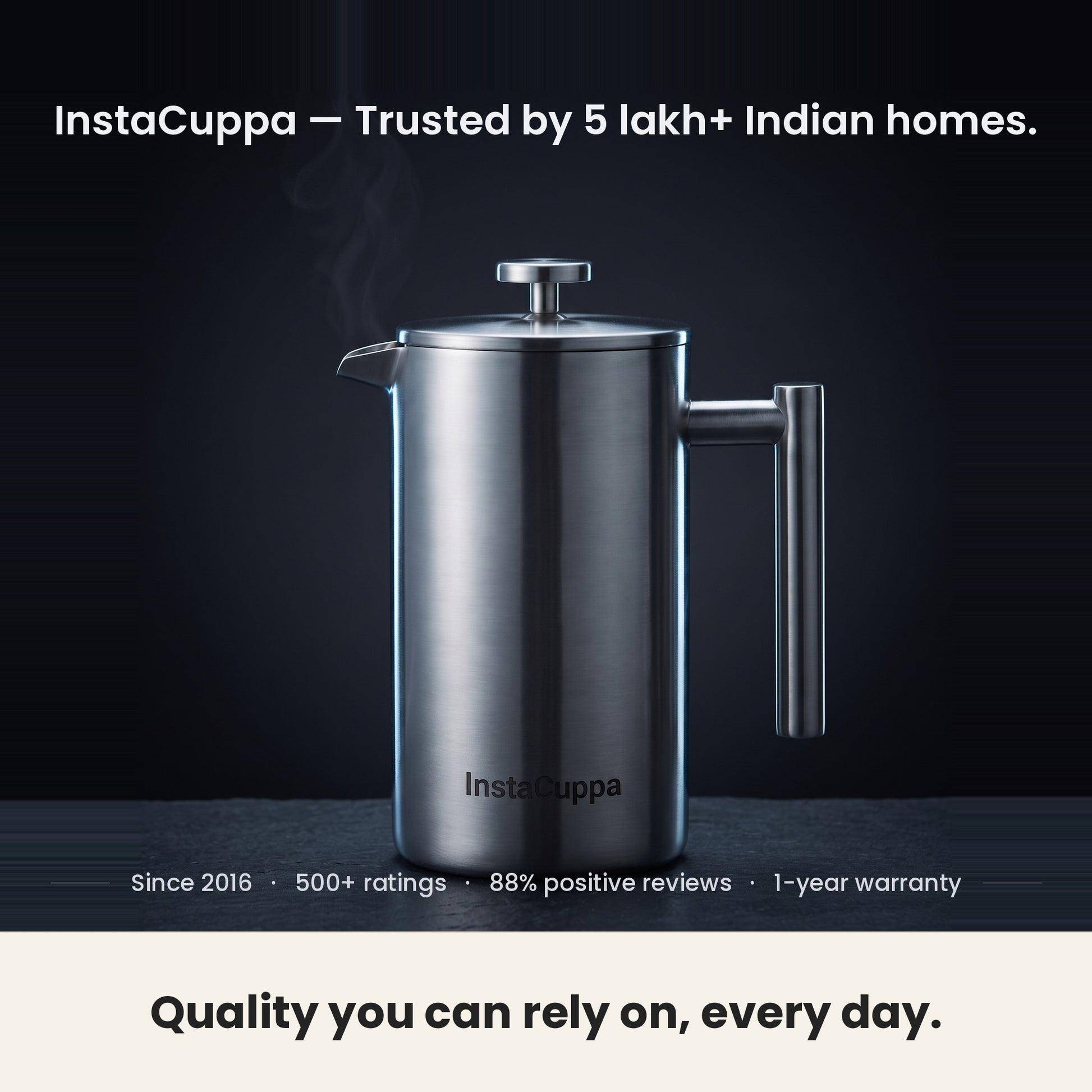 InstaCuppa Stainless Steel French Press 1000 ml - Classic - mirror-polish steel, 500+ ratings, 1-year warranty