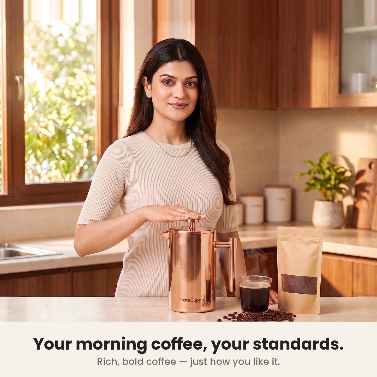 InstaCuppa Stainless Steel French Press 1000 ml - Copper - copper, brewing fresh coffee at home