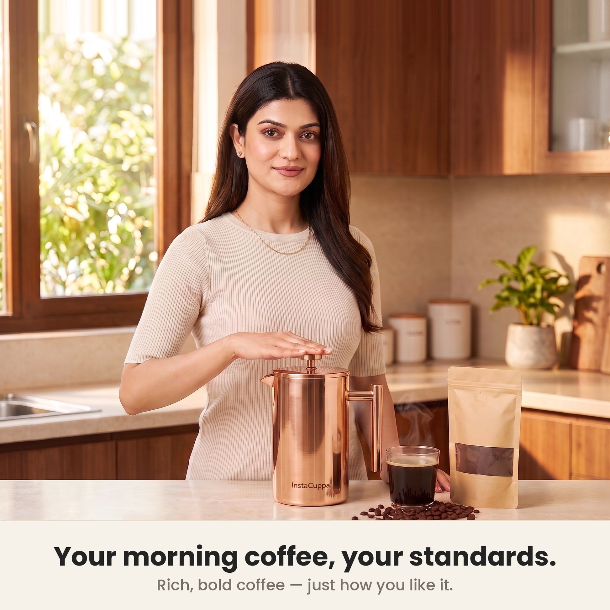 InstaCuppa Stainless Steel French Press 1000 ml - Copper - copper, brewing fresh coffee at home