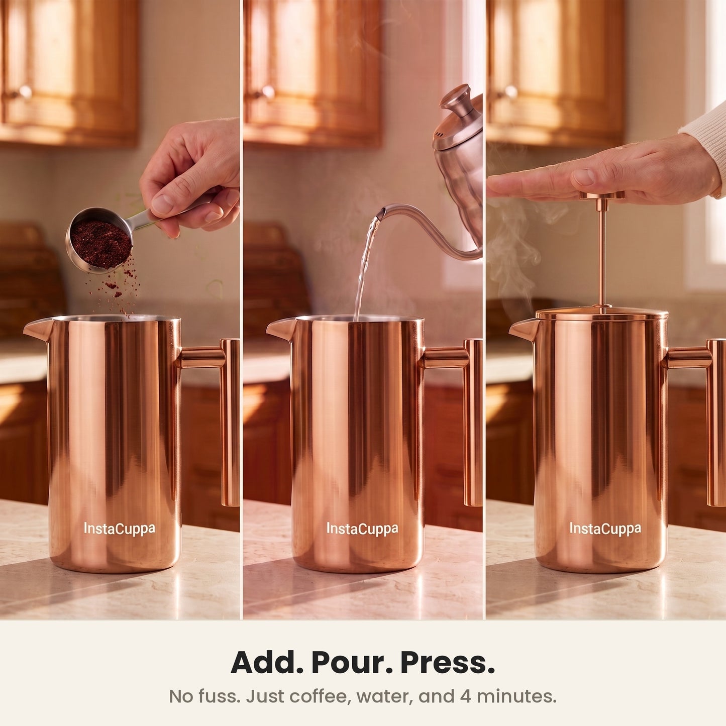 InstaCuppa Stainless Steel French Press 1000 ml - Copper - copper, add coffee, pour water, press